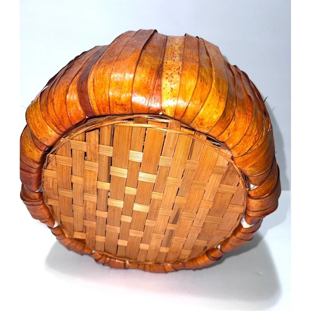 Rustic Woven Wood Pumpkin Basket Fall Harvest Decor with Grapevine Handle 14.5in